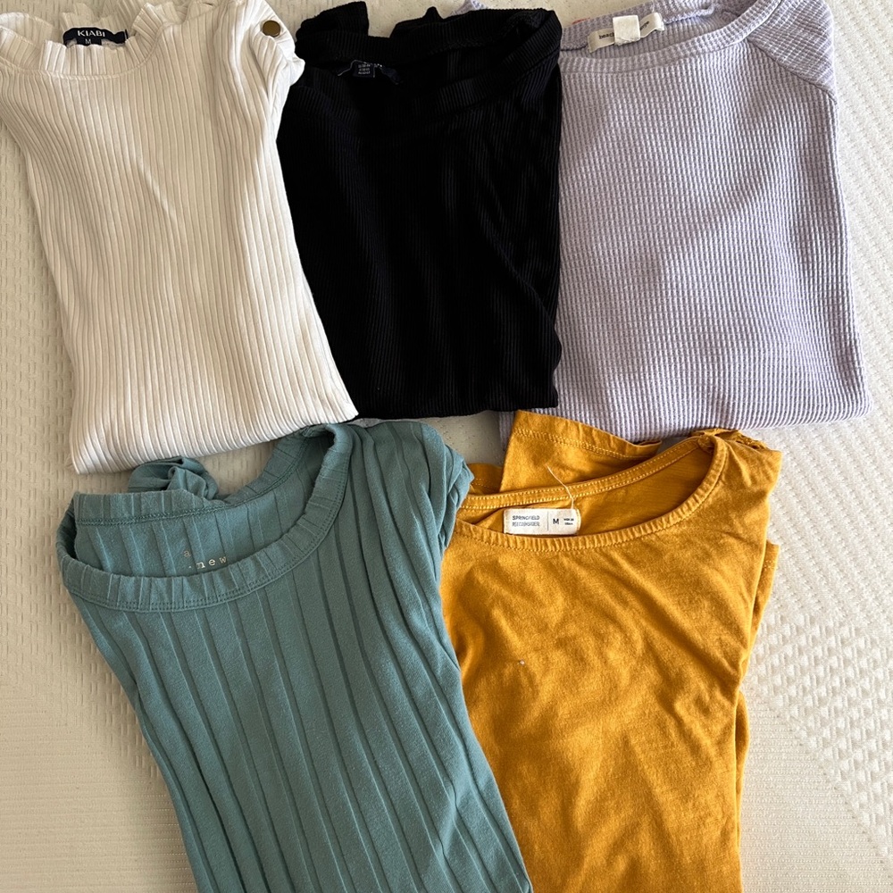 Mixed Ribbed & Tee Tops Bundle — Cream, Black, Lavender, Teal, Mustard